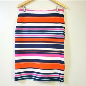 NYC Pencil Skirt, Striped Polyester Spandex, Multi Colored Midi-Length Size M